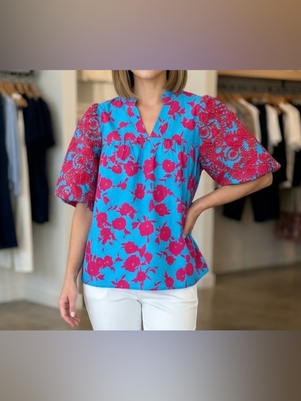 Umgee Boho Floral Embroidered Puff Sleeve Blouse Turquoise Pink Red Large Top